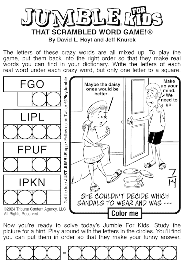 Jumble for kids, with cartoon portraying a girl who can't decide which sandals to wear. For Jumble with Sandals and First Flight