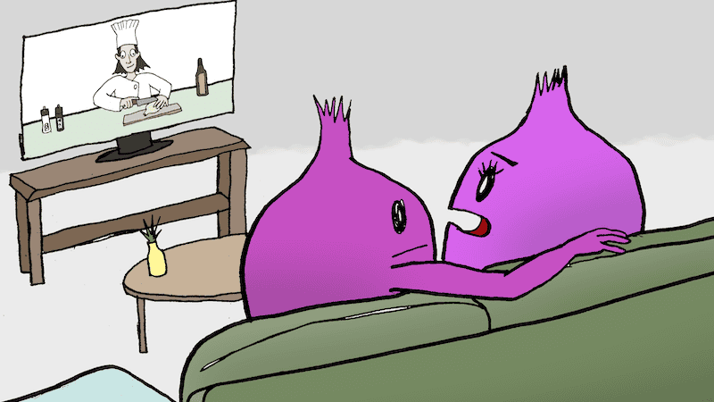 Two anthropomorphized onions sitting at home watching a chef about to cut an onion on a cooking show on TV. For the Boomer Cartoon Caption Contest December 2024