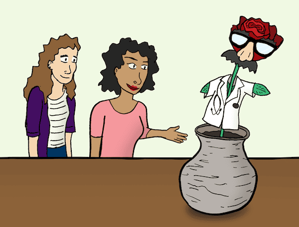 Cartoon of two women looking at a potted rose plant wearing a physician's uniform / costume. For Name that cartoon caption contest January 2025