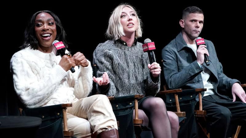 NEW YORK, NEW YORK - DECEMBER 16: Ego Nwodim, Heidi Gardner and Mikey Day speak during SAG-AFTRA Foundation Conversations presents "Saturday Night Live" at the SAG-AFTRA Foundation Robin Williams Center on December 16, 2024 in New York City. (Photo by John Lamparski/Getty Images) Used with article on Heidi Gardner's explanation of how she got Travis Kelce to host for SNL.