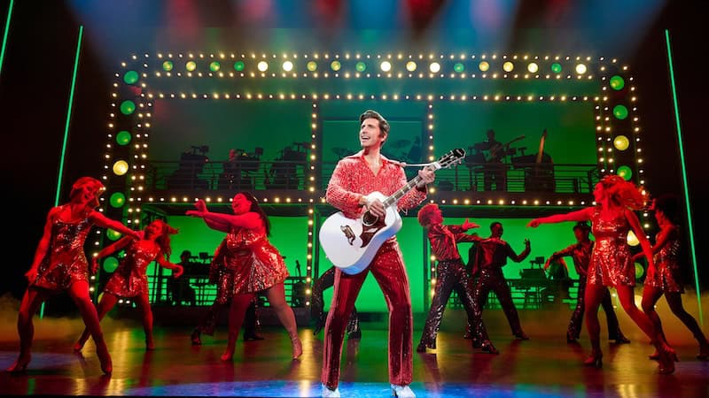 Nick Fradiani as 'Neil - Then' (center) with 'The Noise' and the Band in A Beautiful Noise_ The Neil Diamond Musical - Photo credit Jeremy Daniel. For What's Booming, January 23 to 30