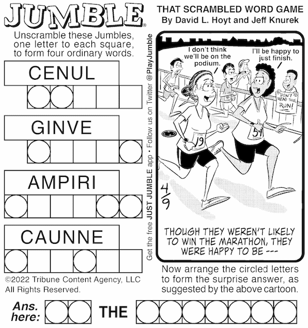 Classic Jumble puzzle, with a cartoon of two women running a race side by side. For Jumble Puzzles: Parachutes and Marathons