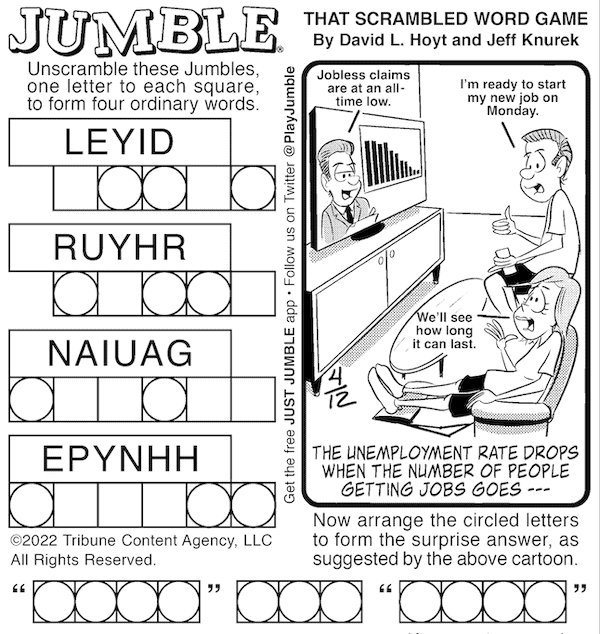 Classic Jumble puzzle with mixed up words and a surprise answer - featuring a newscast of the jobs report. For the two puzzle post: Jumble for Kids and Adult: T-Rex and Jobs