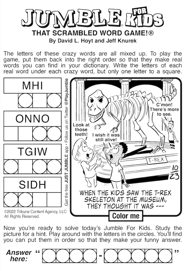 Jumble for Kids puzzle with a museum T-rex skeleton (paired with a classic Jumble with a jobs report clue)