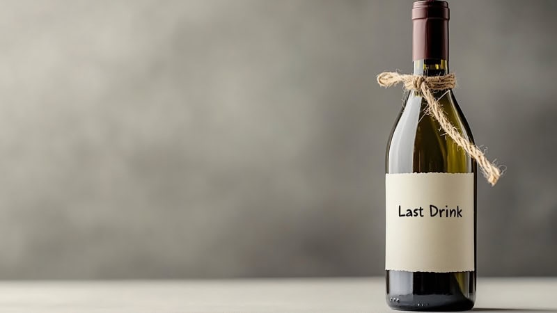 A wine bottle labeled "Last Drink," for article comparing the efficacy of AA and SMART Recovery for alcohol temperance and abstinence support. Image by Yaroslaf, AI generated