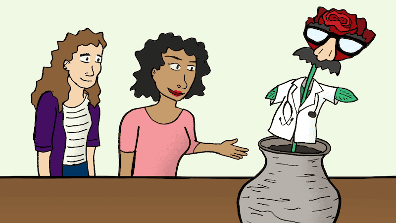 Cartoon of two women looking at a potted rose plant wearing medical doctor jacket and other costuming. For Boomer Name That Cartoon Caption contest January 2025