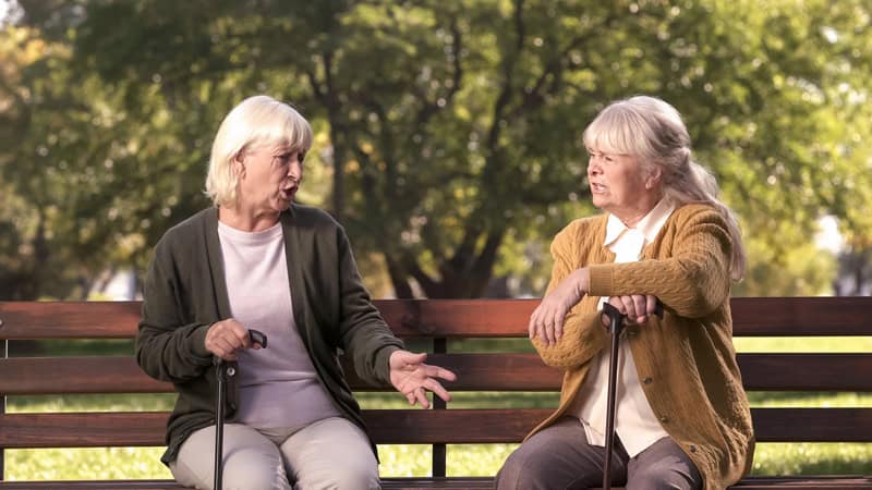 Trapped between siblings: two unhappy senior sisters on a park bench illustrate the family rift