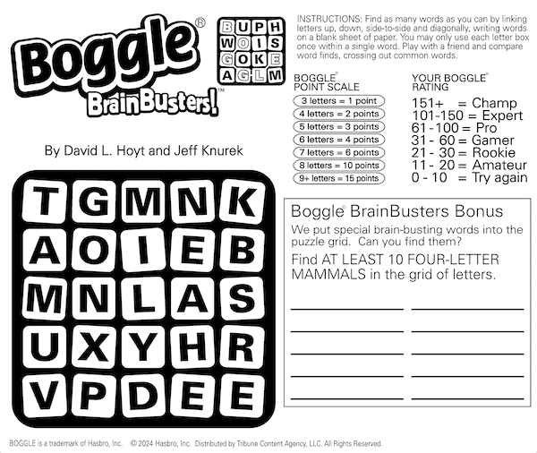 Boggle BrainBusters puzzles with four-letter mammals