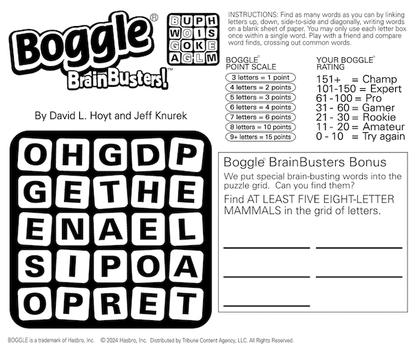 Boggle word search puzzle with mammals in hiding - at least five eight-letter mammals hidden in the letters