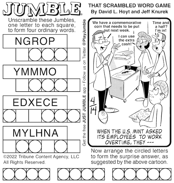 Classic Jumble puzzle, with a cartoon of a supervisor at the U.S. Mint talking with employees. For the Boomer Jumble puzzles, this week with cows and coins 