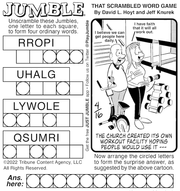 Classic Jumble puzzle with five mixed up words and a bonus answer. Cartoon in a gym with a priest and woman. For Jumble Puzzles with mittens and a gym