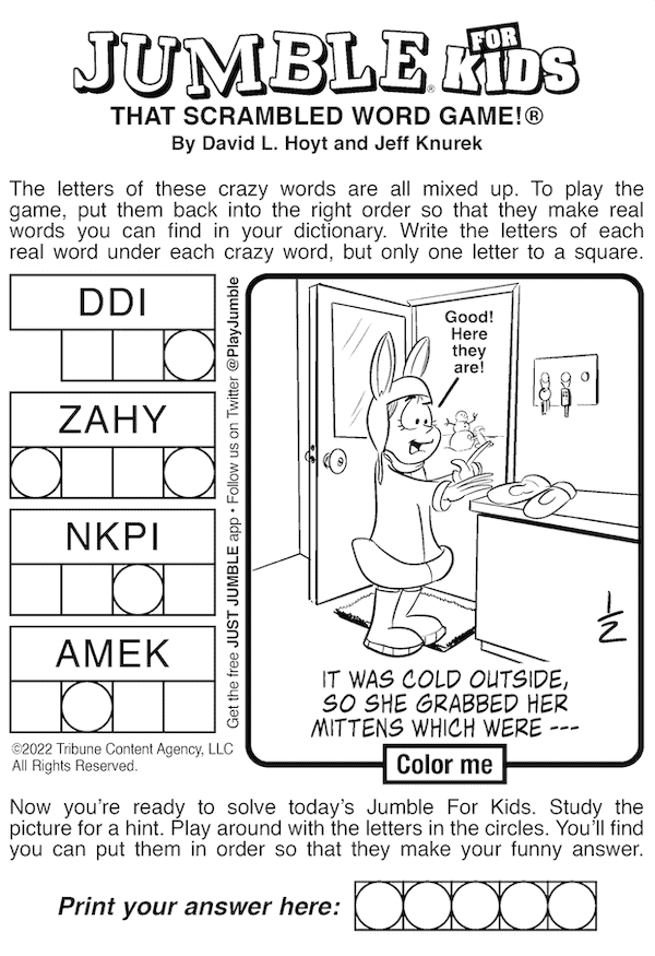 Kids' Jumble Puzzles with mittens: four mixed-up words and a bonus answer