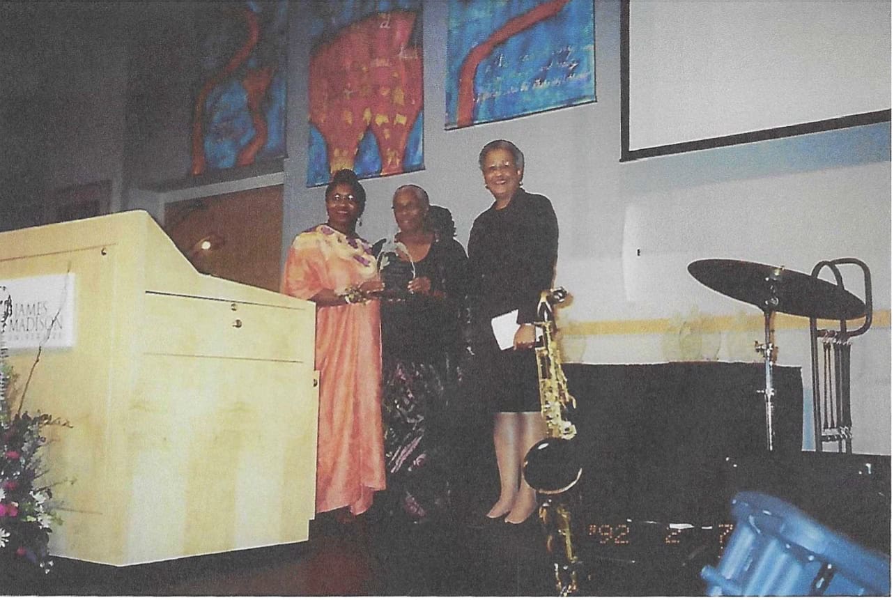 Velma, receiving the Furious Flower Lifetime Achievement Award on September 24, 2004, with Joanne Gabbin and Daryl Cumber Dance