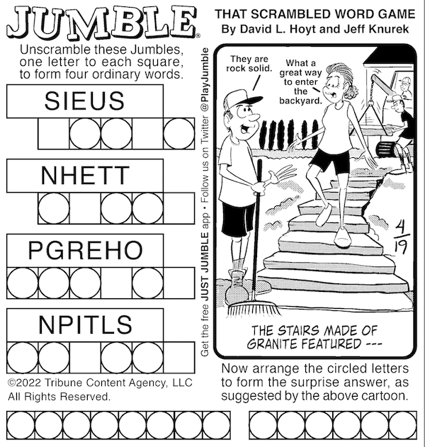 Classic Jumble puzzle: cartoon shows man installing granite stairs. For puzzles with anglers and stairs