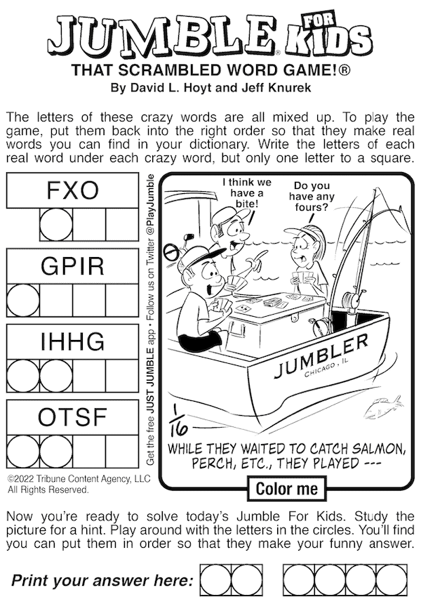 Jumble for Kids puzzle, with funny answer cartoon showing kids playing cards on a boat while waiting for a bite. For anglers and stairs puzzles. 