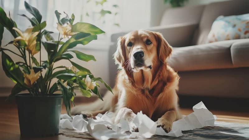 A grown golden retriever still poses dog chewing challenges for his owners as he lies on the floor surrounded by papers he destroyed