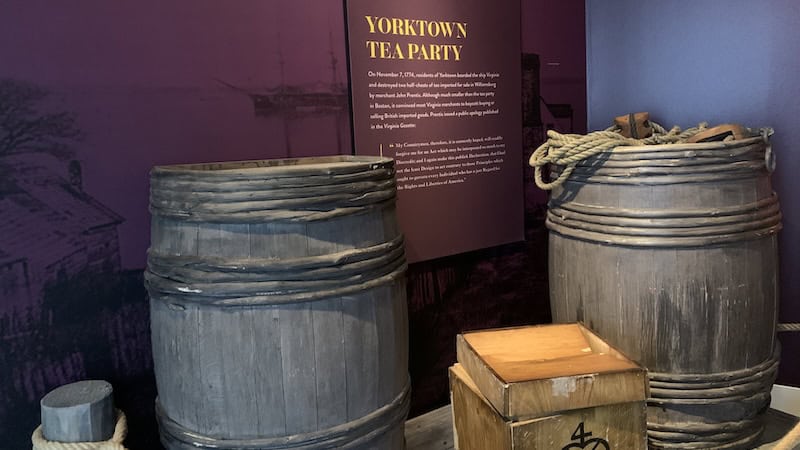 Barrels and crates representing the Yorktown tea party, leading up to the American Revolutionary War in Virginia. Part of the Give Me Liberty exhibition in Richmond